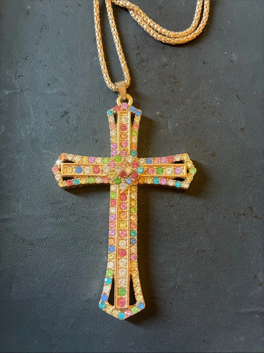 Gold Multicolor Crystal Cross Pendant Necklace - Women Jewelry